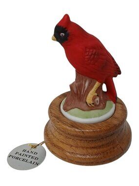 Porcelain Cardinal Bird On Wooden Base Music Box 4" Make Someone Happy #S-2